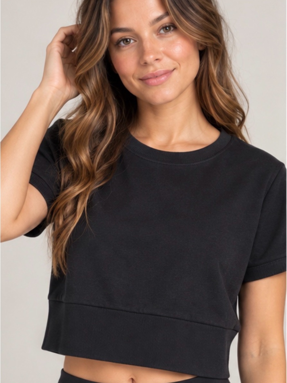 OFFLINE by Aerie Black Cropped Short Sleeve Sweatshirt Top XL